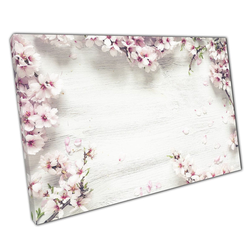 Beautiful Branches Of Blooming Pink White Almond Rose Blossoms Surrounding White Wood Wall Art Print On Canvas Mounted Canvas print