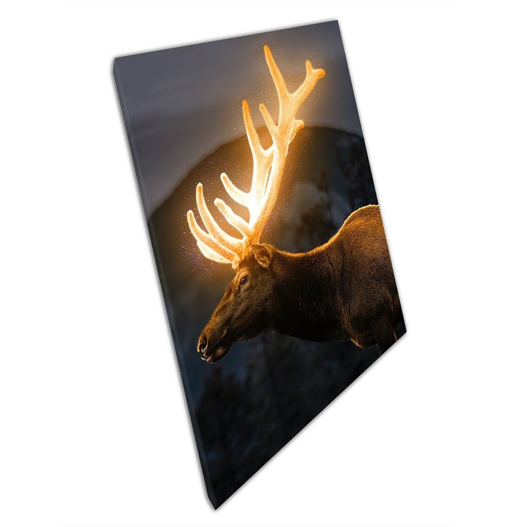 Mystical Magical Fantasy Stag Deer Moose With Glowing Golden Antlers Nature Art Wall Art Print On Canvas Mounted Canvas print