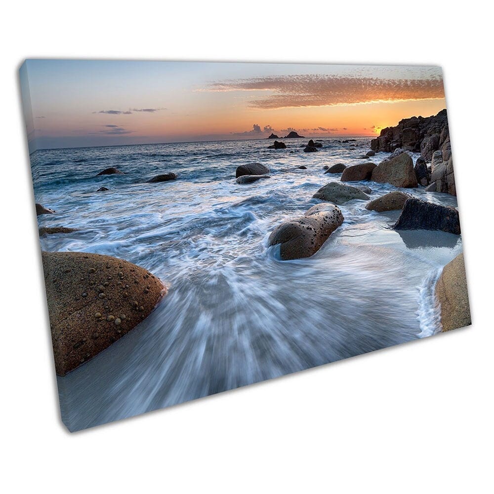 Sea worn boulders Porth Nanven near Lands End Cornwall Canvas Wall Art Print Mounted Canvas print