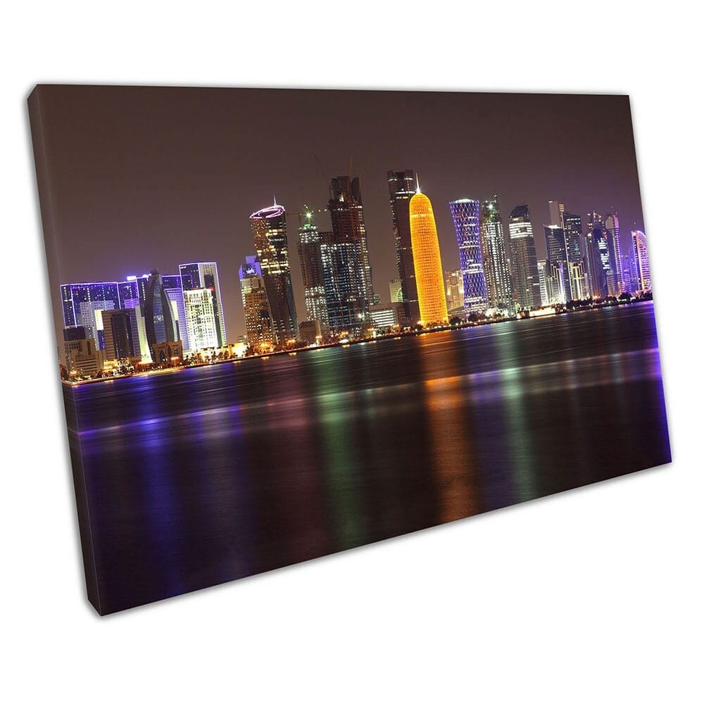 Stad van Doha 's nachts Qatar Midden -Oosten CityScape Art klaar om muurwand te hangen afdrukken gemonteerde canvas print
