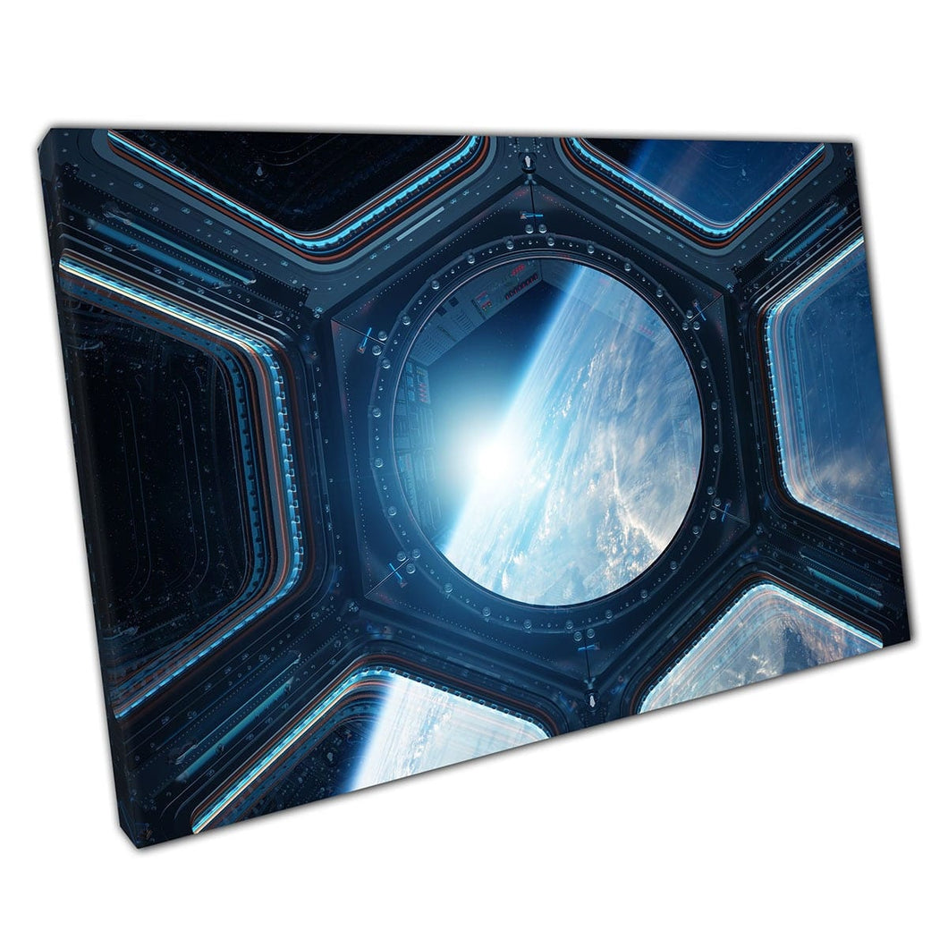 Visualizza la finestra della stazione spaziale che si affaccia sul pianeta Earth Space Exploration SCI-Fi Wall Art Stampa su tela di tela montata