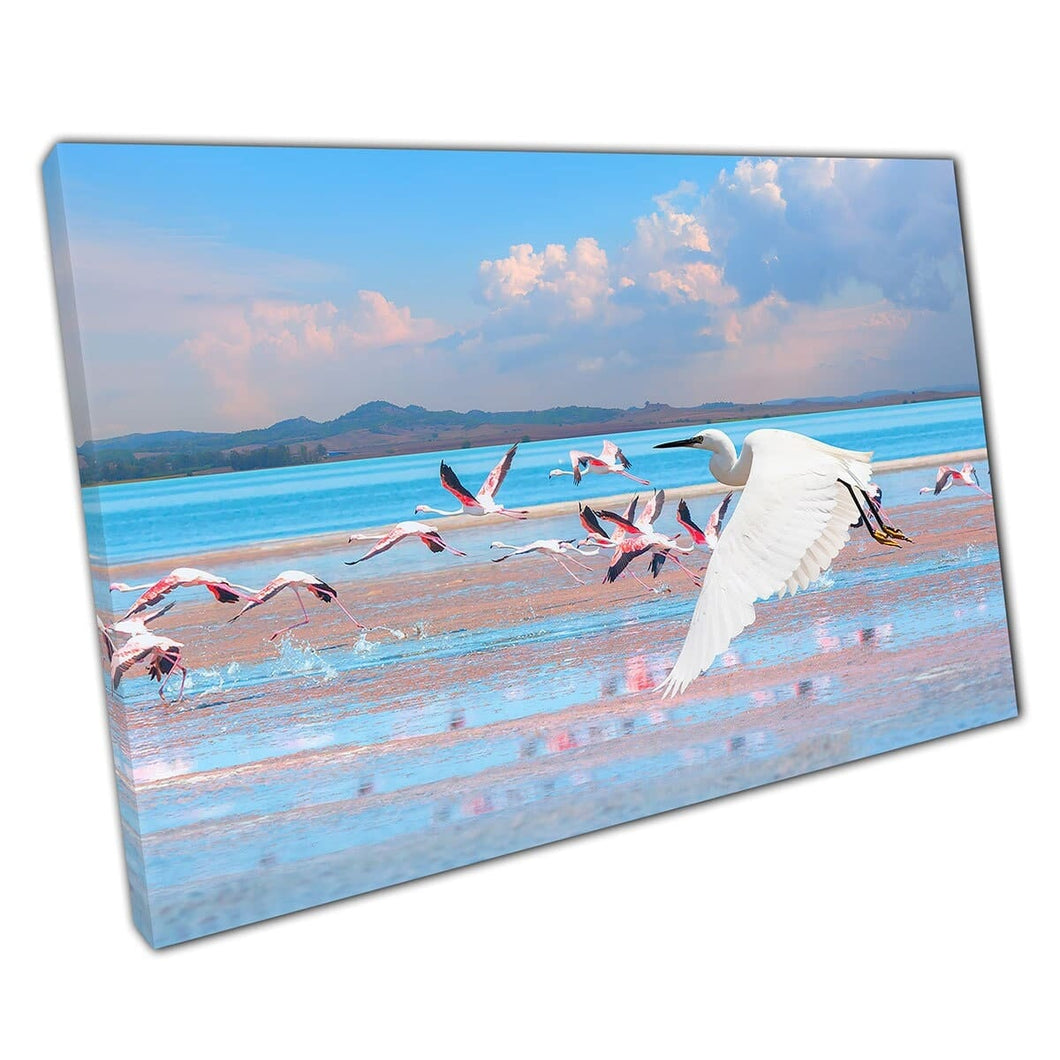 Action Shot Of Group Of Exotic Birds Flying Over A Crystal Blue Seascape Wild Life Wall Art Print On Canvas Mounted Canvas print