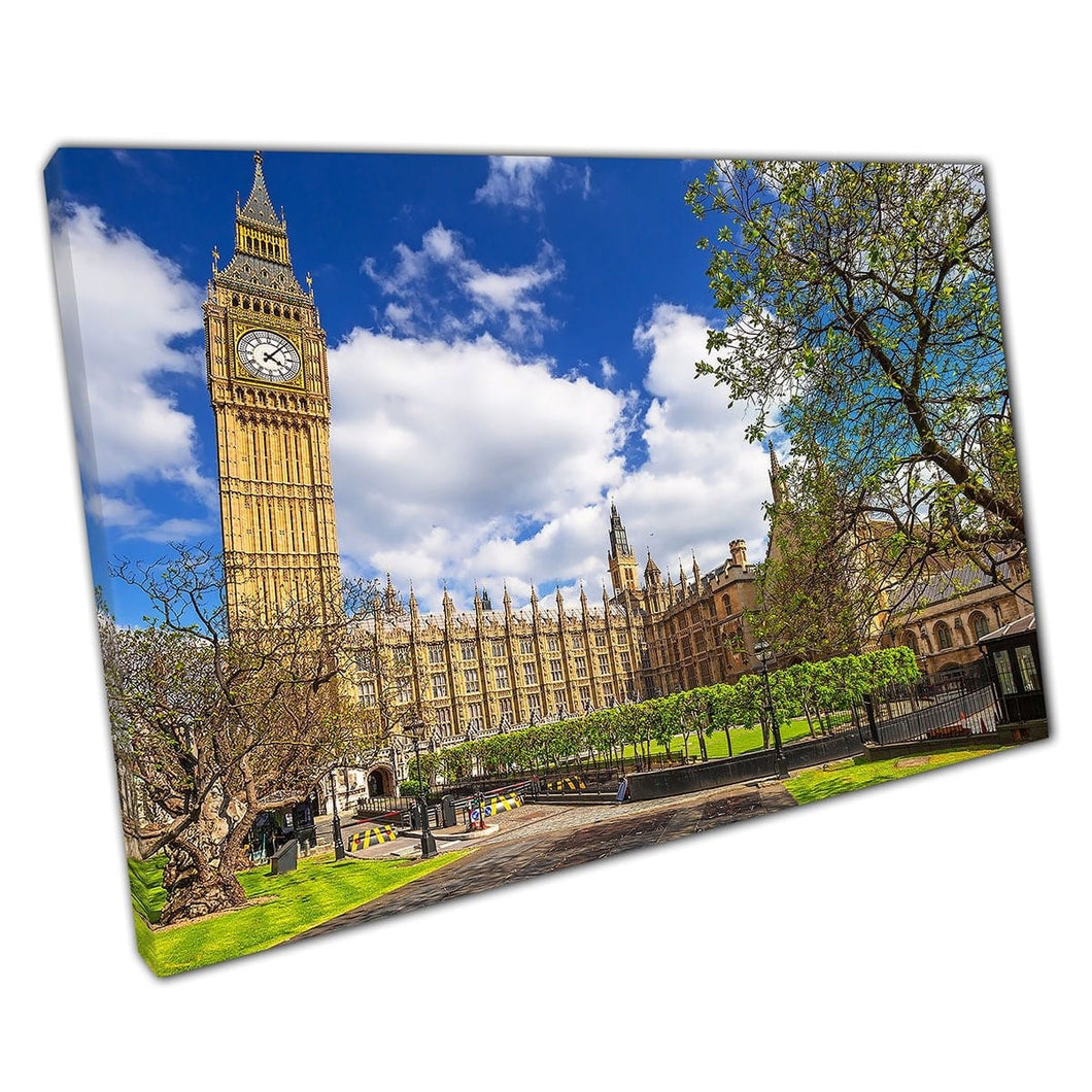 Big Ben And The Palace Of Westminster Under A Bright Blue Sky Famous Landmark Wall Art Print On Canvas Mounted Canvas print