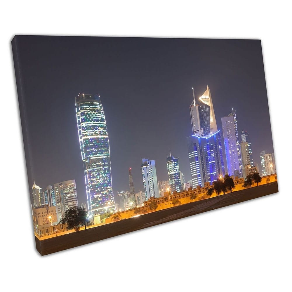 Kuwait City illuminato di notte in Medio Oriente City paesaggio pronto per applicare la stampa di tela montata in tela montata