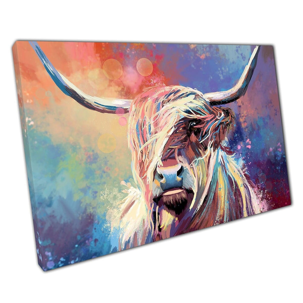 Kleurrijke hemelhoogland koe canvas muur kunst print op canvas gemonteerde canvas print