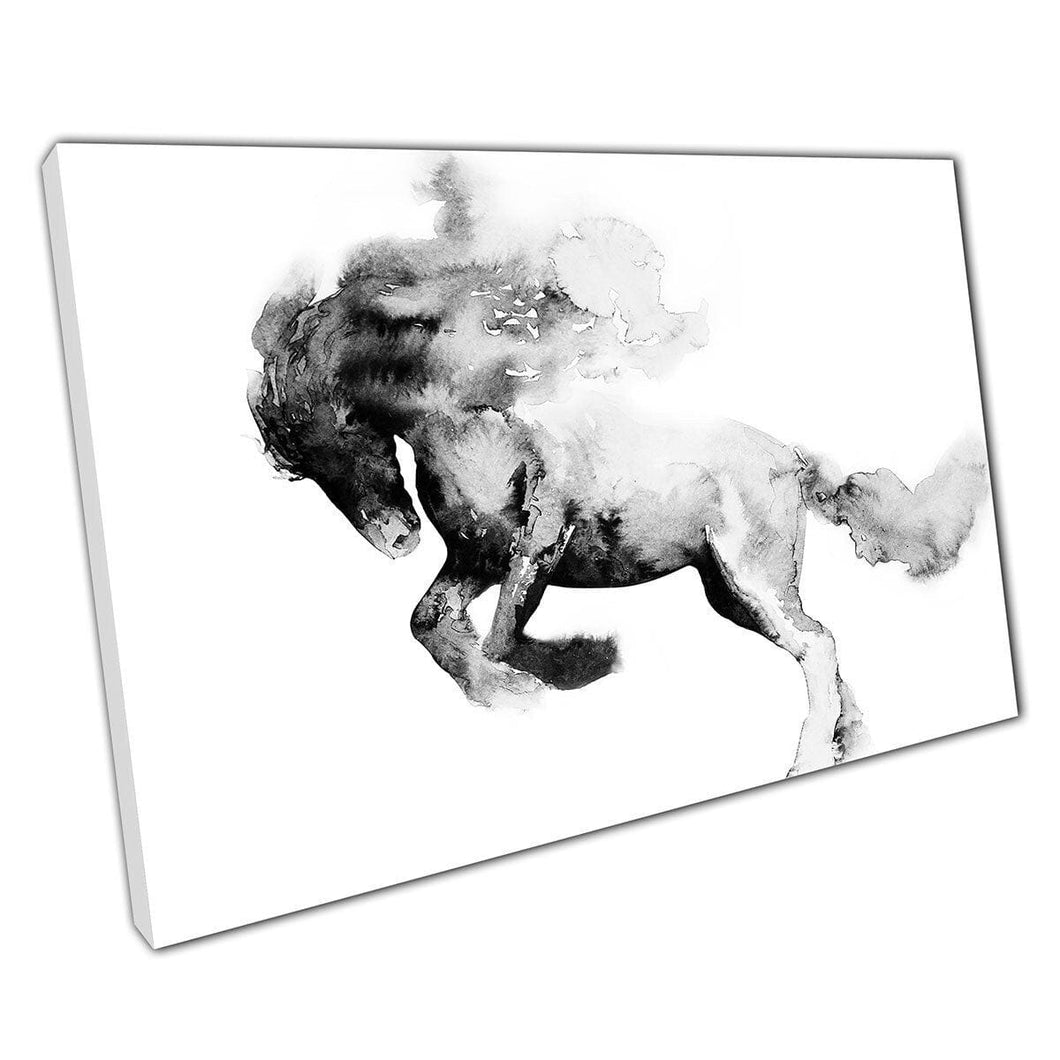 WaterColor and Ink Black Horse Painting Wall Art Stampa su tela tela montata