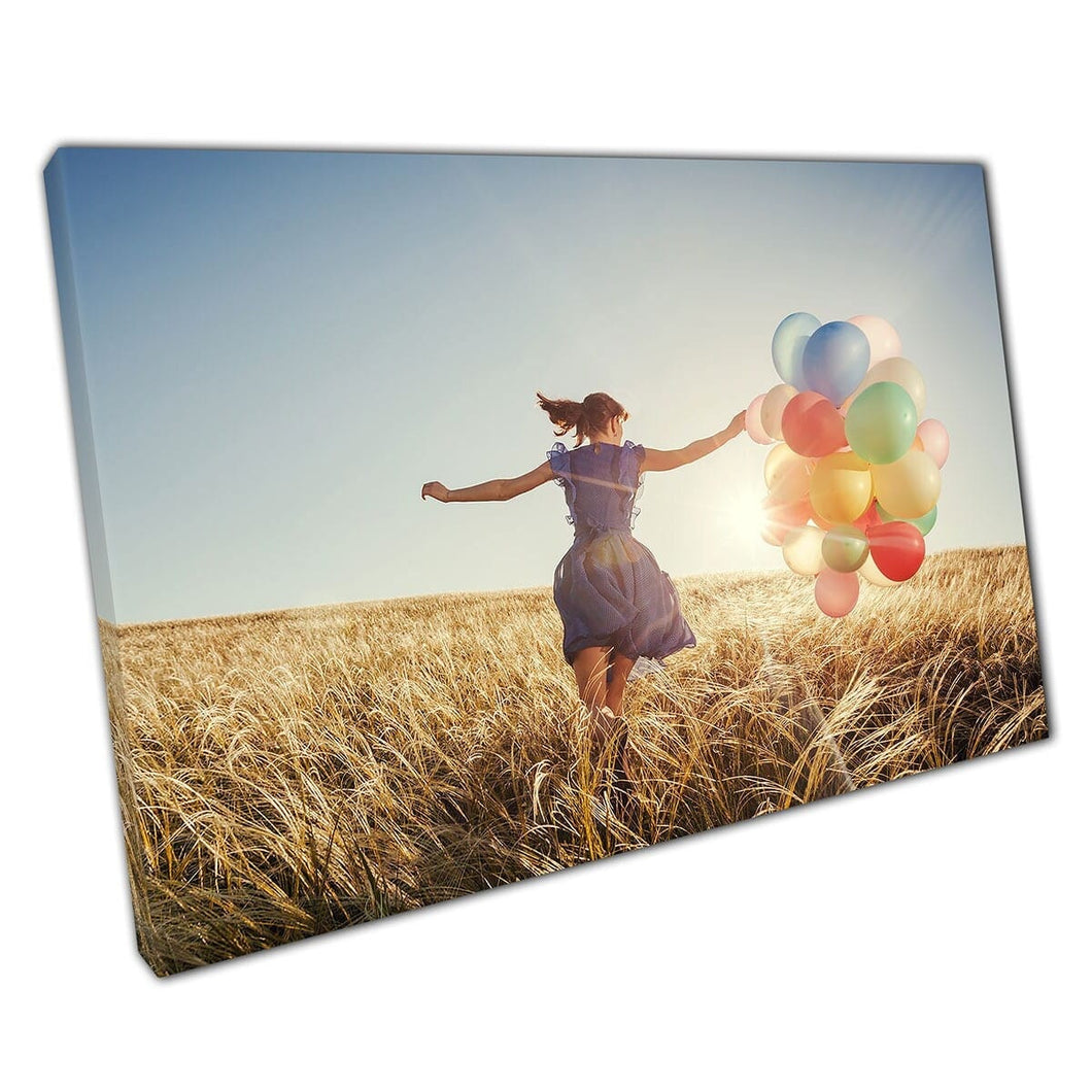 Happy Woman Running Through Grassy Field With Balloons Freedom Wanderlust Exploration Wall Art Print On Canvas Mounted Canvas print