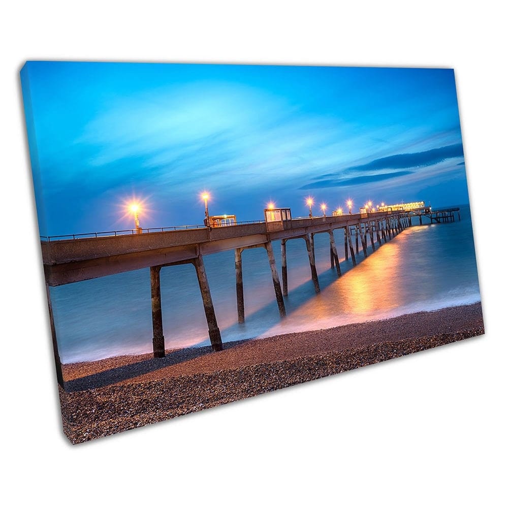 Blue Skies Deal Pier Beach & Sea in Kent English coastline Ready to Hang Wall Art Print Mounted Canvas print