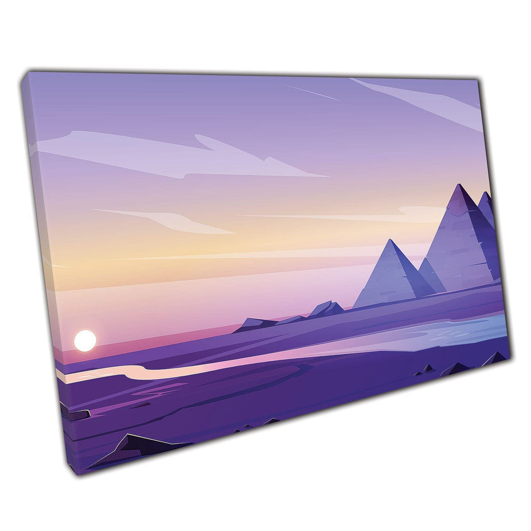 Egypte Pyramids River Nile Desert Giza Plateau Purple Sky bij schemering Digitale illustratie Wall Art Print op canvas gemonteerde canvas print