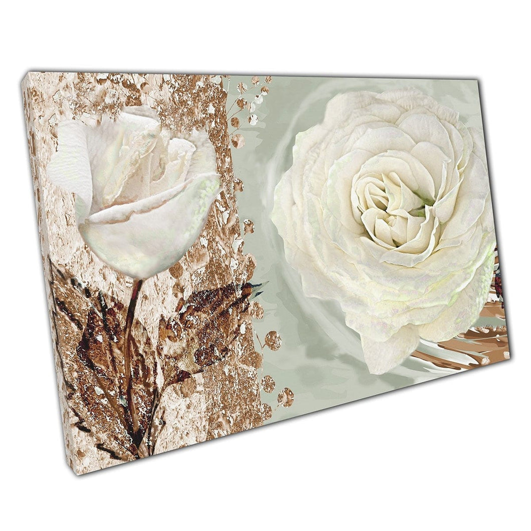 Opere d'arte di collage digitale floreale decorate rose bianche con foglie di bronzo fogliame stampato d'arte a parete astratta su tela