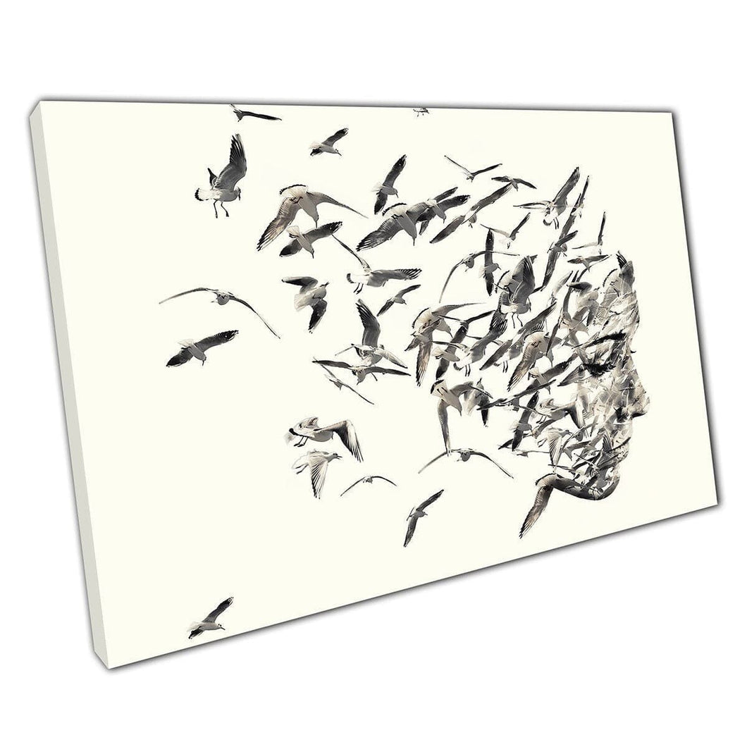 Portrait Of Young Woman Appearing From Group Of Seagull Birds Abstract Wall Art Print On Canvas Mounted Canvas print