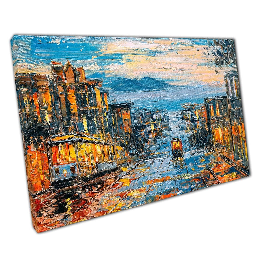 Kabelbaan beweegt door een verlichte straat in San Francisco Oil Painting Wall Art Print op canvas gemonteerde canvas print
