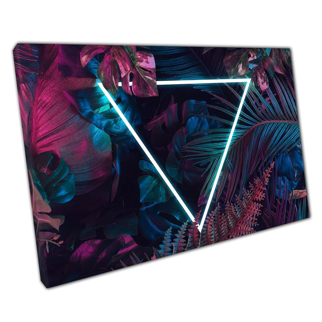 Fluorescerende driehoek omgeven door tropische roze groenblauw bladeren exotische jungle gebladerte muur kunst print op canvas gemonteerde canvas print