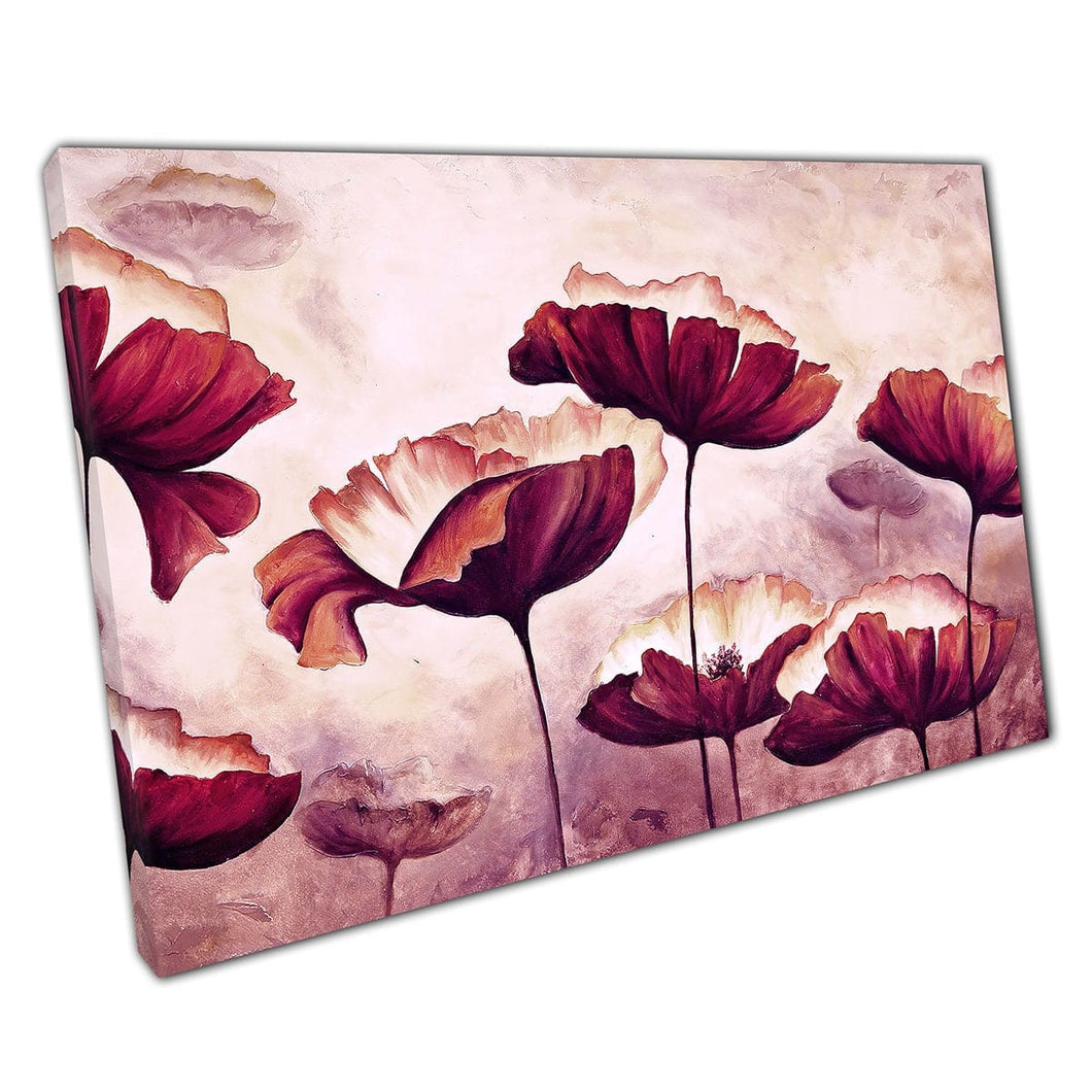 Floral Soft Delicate Red Tinted Poppy Flowers Aquarel Style Painting Artwork Wall Art Print op canvas gemonteerde canvas print