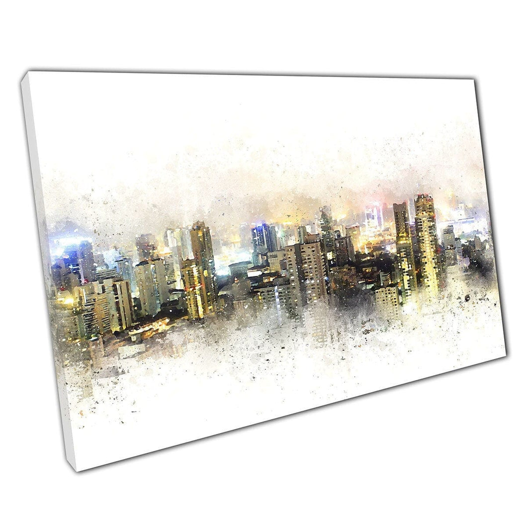 Levendig bruisend stadsbeeld 's nachts abstracte aquarel splatter schilderstijl muur kunstprint op canvas gemonteerde canvas print