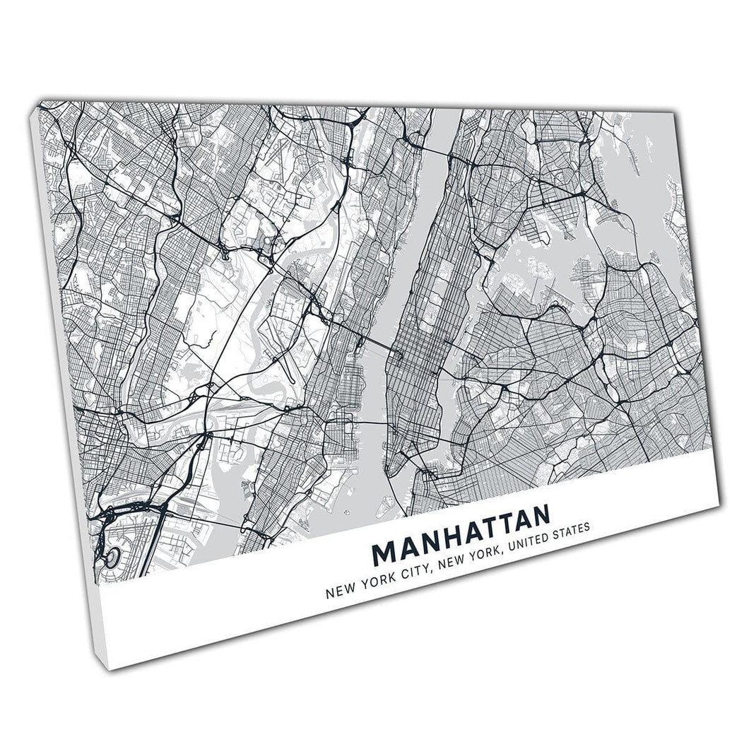 Zwart -wit grijswaarden Urban Map Manhattan New York Navigatie Minimale abstracte muurkunstafdruk op canvas gemonteerd canvas print