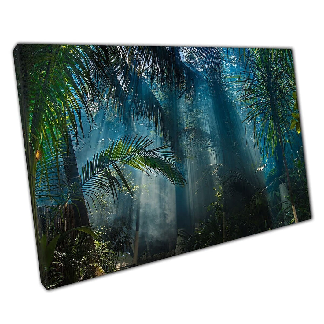 Ochtendzonstralen sijpelen in een dikke pluche tropische exotische exotische jungle natuurlijke habitat muur kunst print op canvas gemonteerde canvas print
