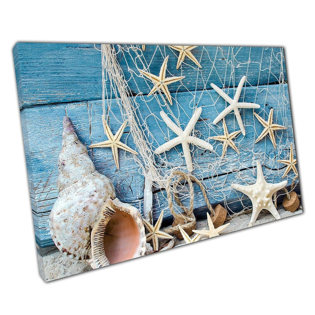 Maritime Souvenirs Seashells Dried Starfish Rustic Blue Wood Sea Life Aesthetic Wall Art Print On Canvas Mounted Canvas print