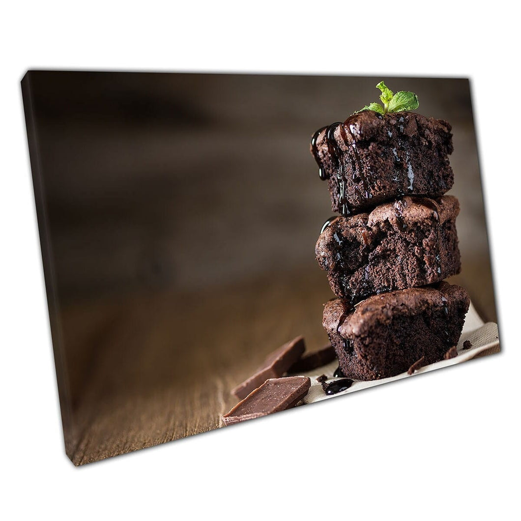 Tasty Chocolate Brownie Stack Homemade Dessert Bakery Café Cooking Presentation Wall Art Print op canvas gemonteerde canvas print