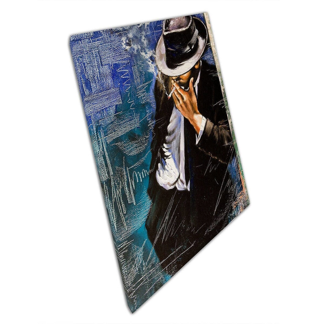 Suave man in pak rokende sigarettenwand kunstafdruk op canvas gemonteerde canvas print