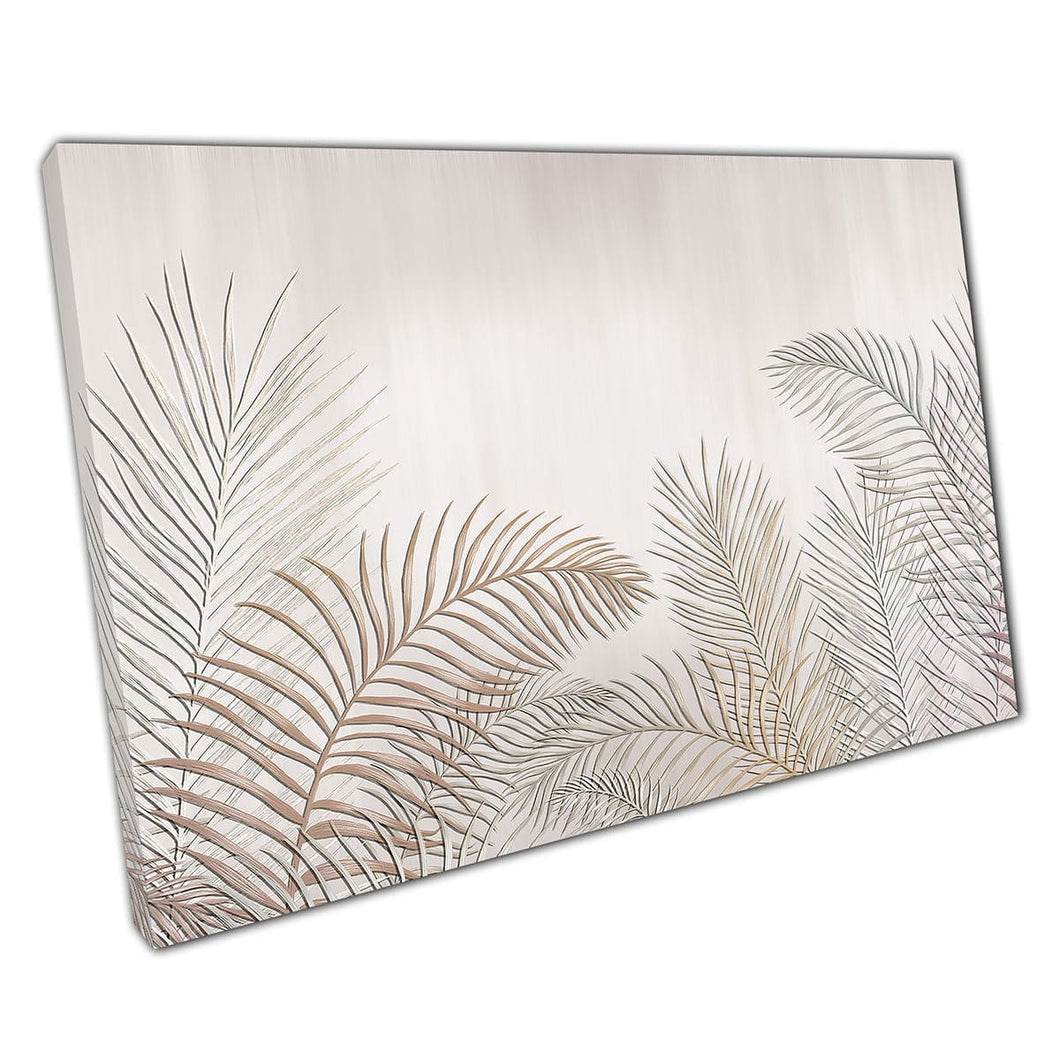Beige Minimalist Tropical Palm Leaves Neutral Toned Plant Foliage Natural Colours Wall Art Print On Canvas Mounted Canvas print