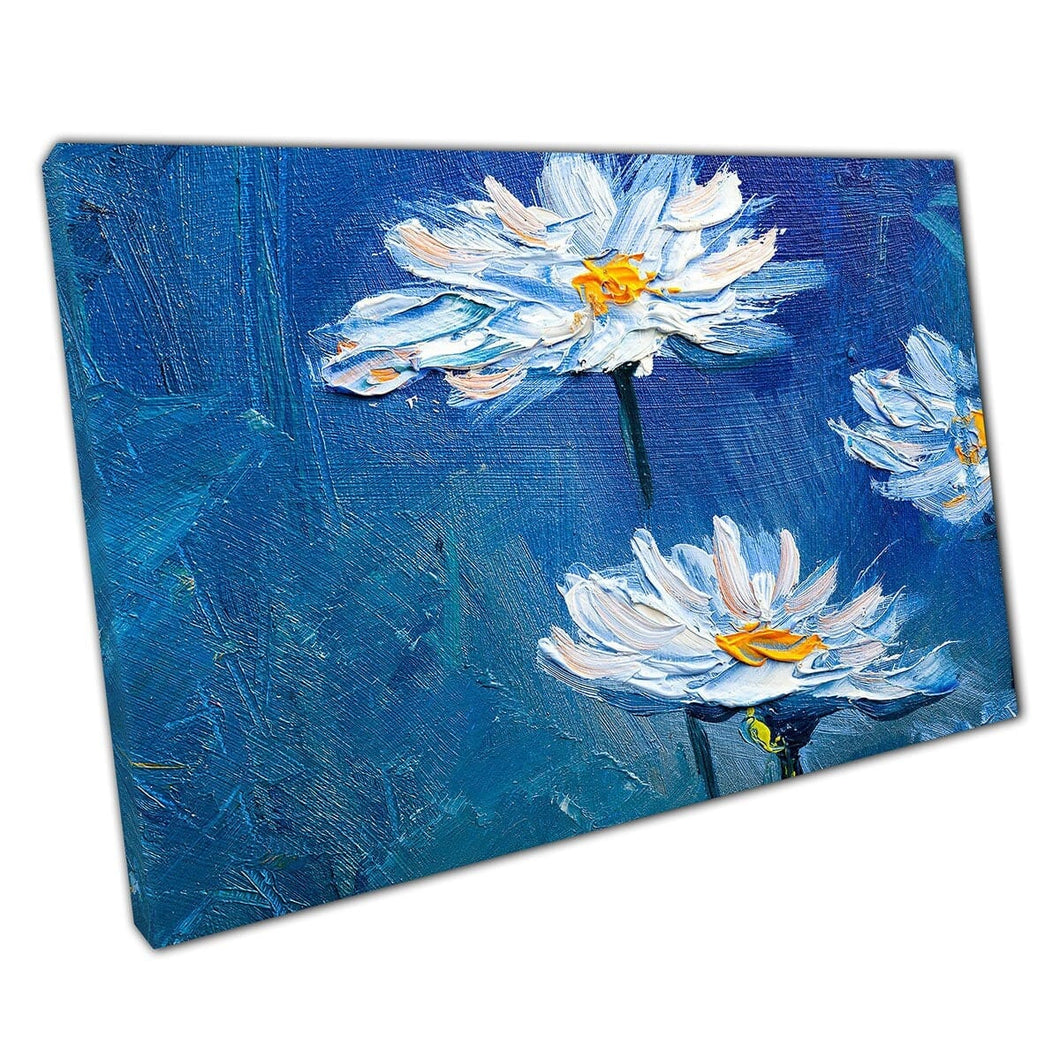 Madeliefjes gestructureerde olieverfschilderij blauwe achtergrond muurkunst print op canvas gemonteerde canvas print