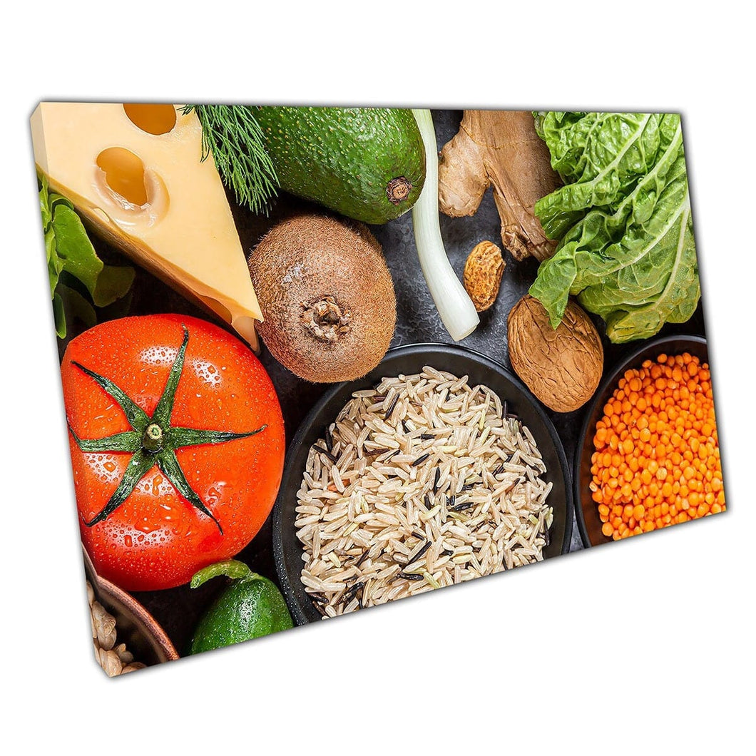Selectie van verse voedzame en voedingsvoeding groenten groenten zaden voedsel fotografie muur kunst print op canvas gemonteerde canvas print