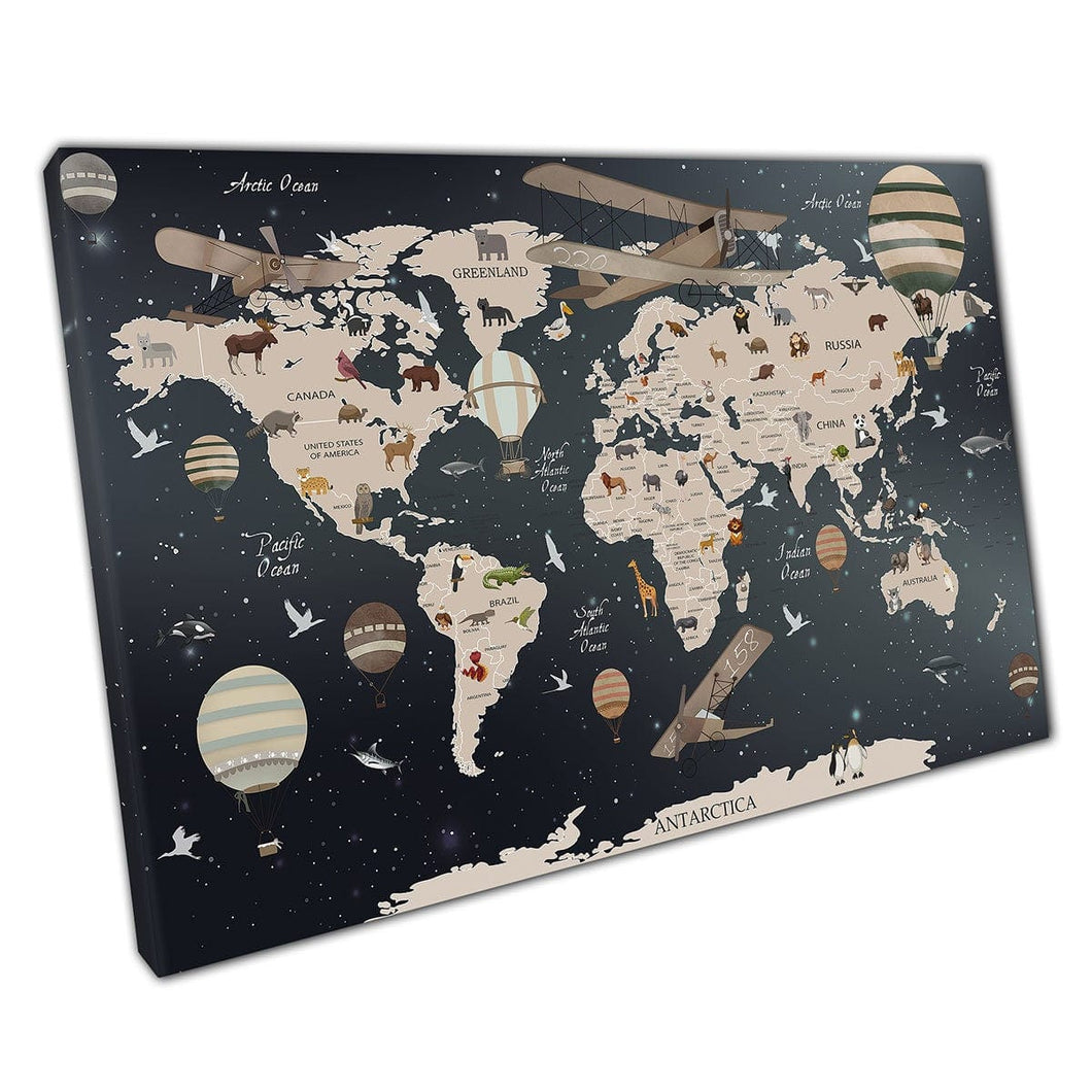 Kinderen Kinderen Fun Dier World Map Art Canvas Wall Art Print op canvas gemonteerde canvas print