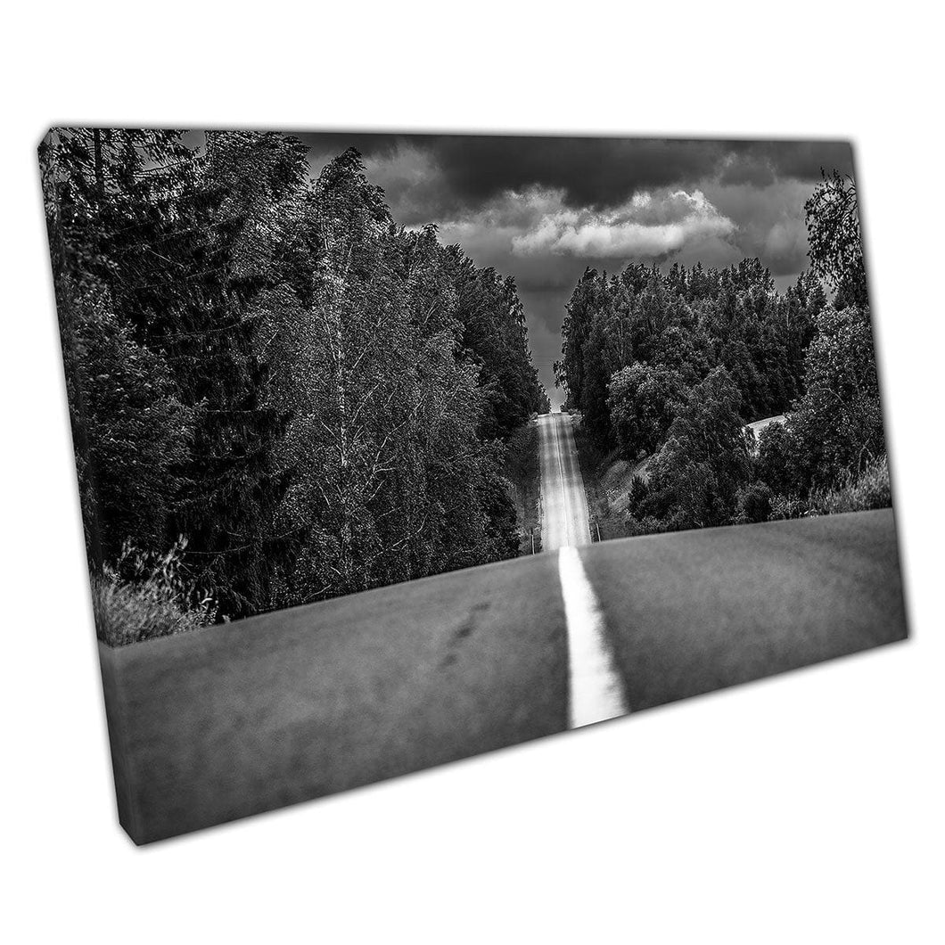 Dramatisch monochrome uitzicht op een weg die door een dikke oude bosboswandkunstafdruk gaat op canvas gemonteerde canvas print