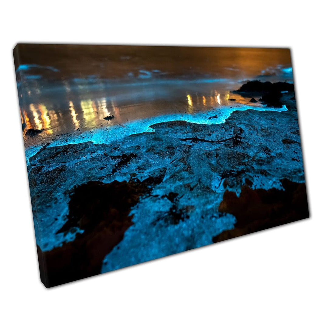 Unusual Magical Bioluminescent Blue Seascape At Night Jervis Bay Australia Wall Art Print On Canvas Mounted Canvas print
