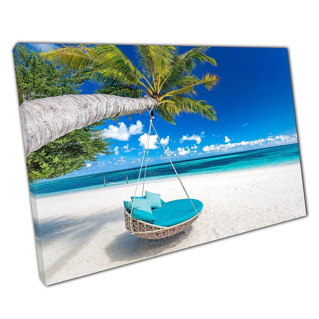 Luxury Blue Beach Swing Hammock Attached To Palm Tree On Quiet Sandy Beach Wall Art Print On Canvas Mounted Canvas print