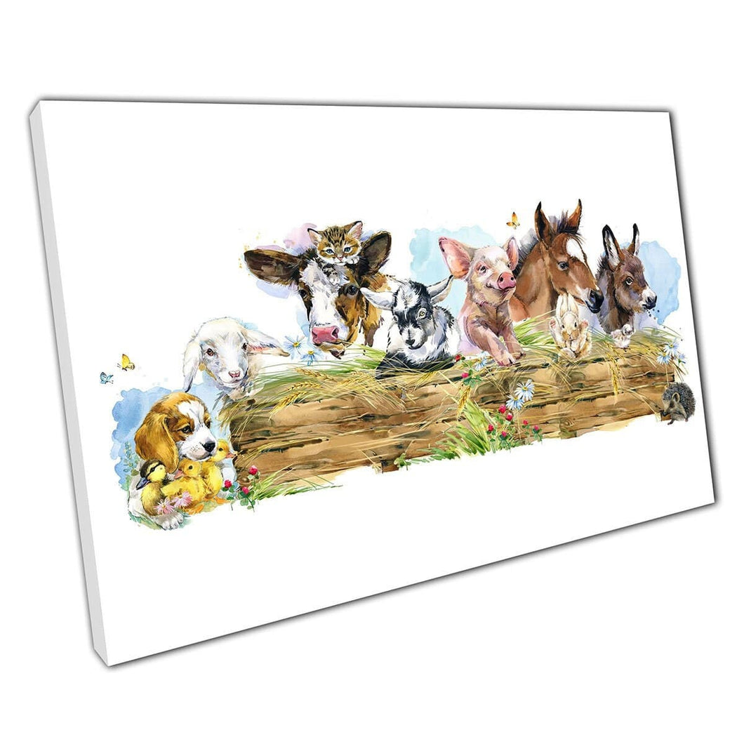 Huisdieren boerderij dierenvrienden samen ontspannende schattige aquarel schilderstijl muurkunst print op canvas gemonteerde canvas print