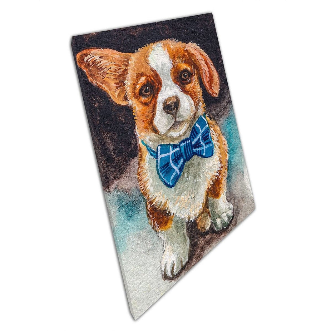Schattige puppyhond huisdier met blauwe bowtie kraag schilderij muur kunst print op canvas gemonteerde canvas print