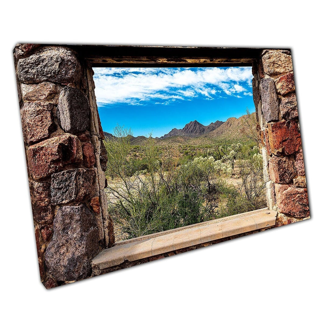 Vensterweergave van de schilderachtige woestijn uit ruïnes van een stenen huis Tucson Arizona Wall Art Print op canvas gemonteerde canvas print