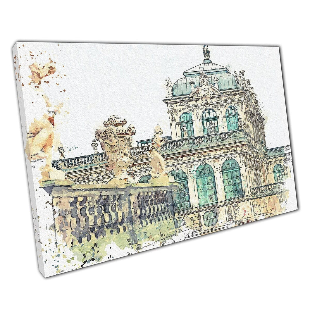 Gedetailleerde aquarelschetsen illustratie van Zwinger in Dresden Duitsland Wall Art Print op canvas gemonteerde canvas print