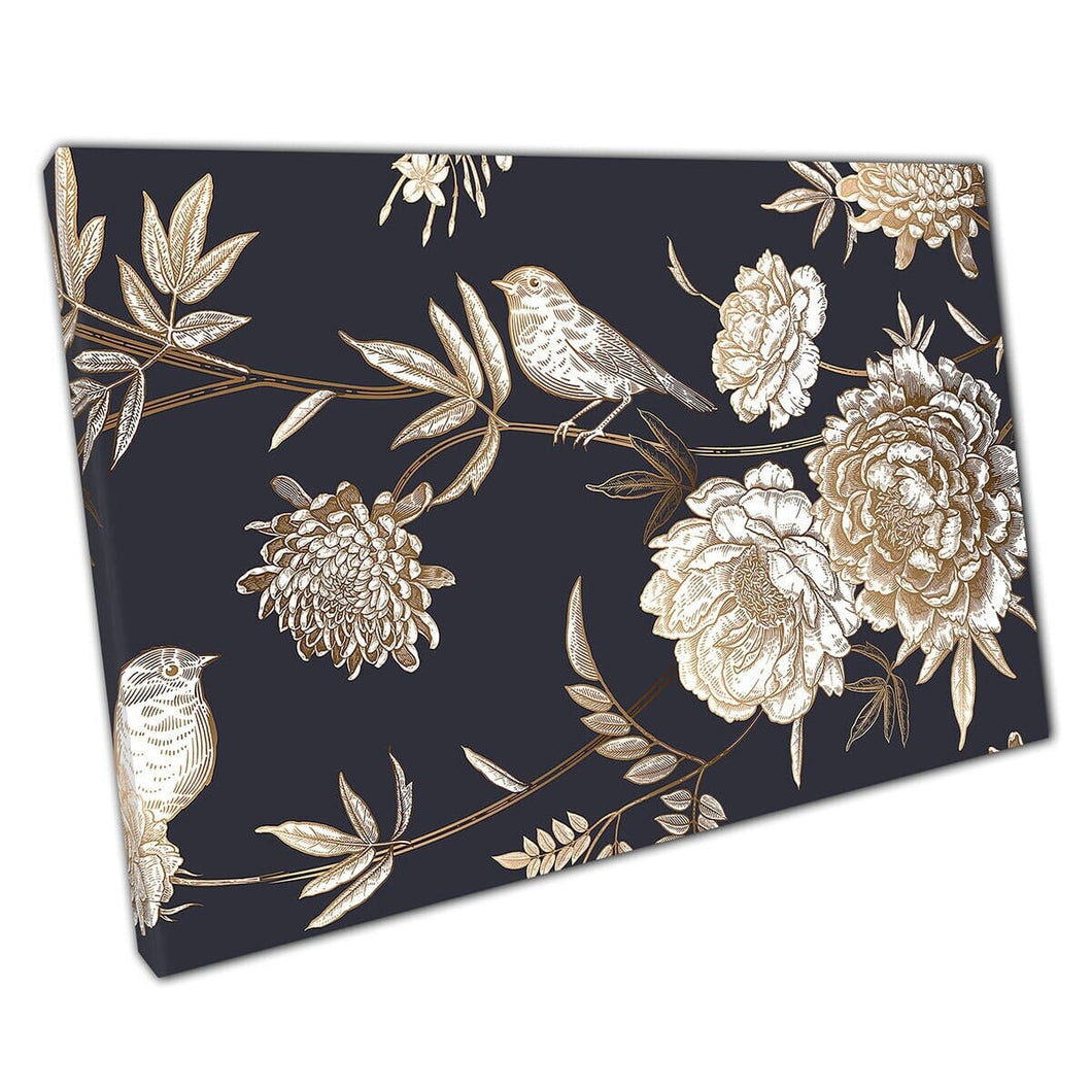Delicate gedetailleerde geïllustreerde vogels en bloemen pruiken chrysanthemums jasmijnrozen muurkunst print op canvas gemonteerde canvas print