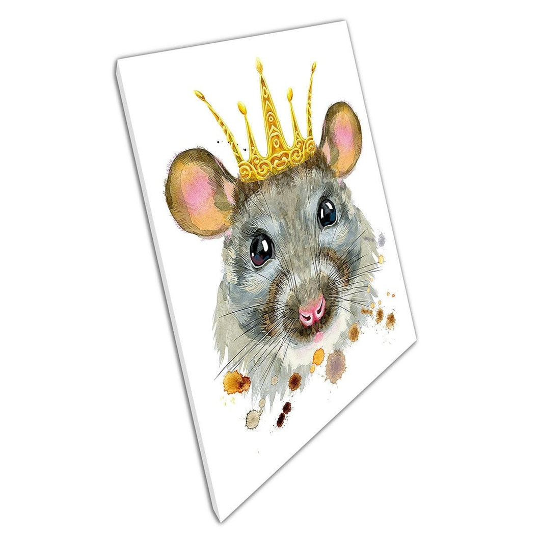 Happy Vibrant Pet Rat In Golden Crown Watercolour Illustration Painting Wall Art Print On Canvas Mounted Canvas print