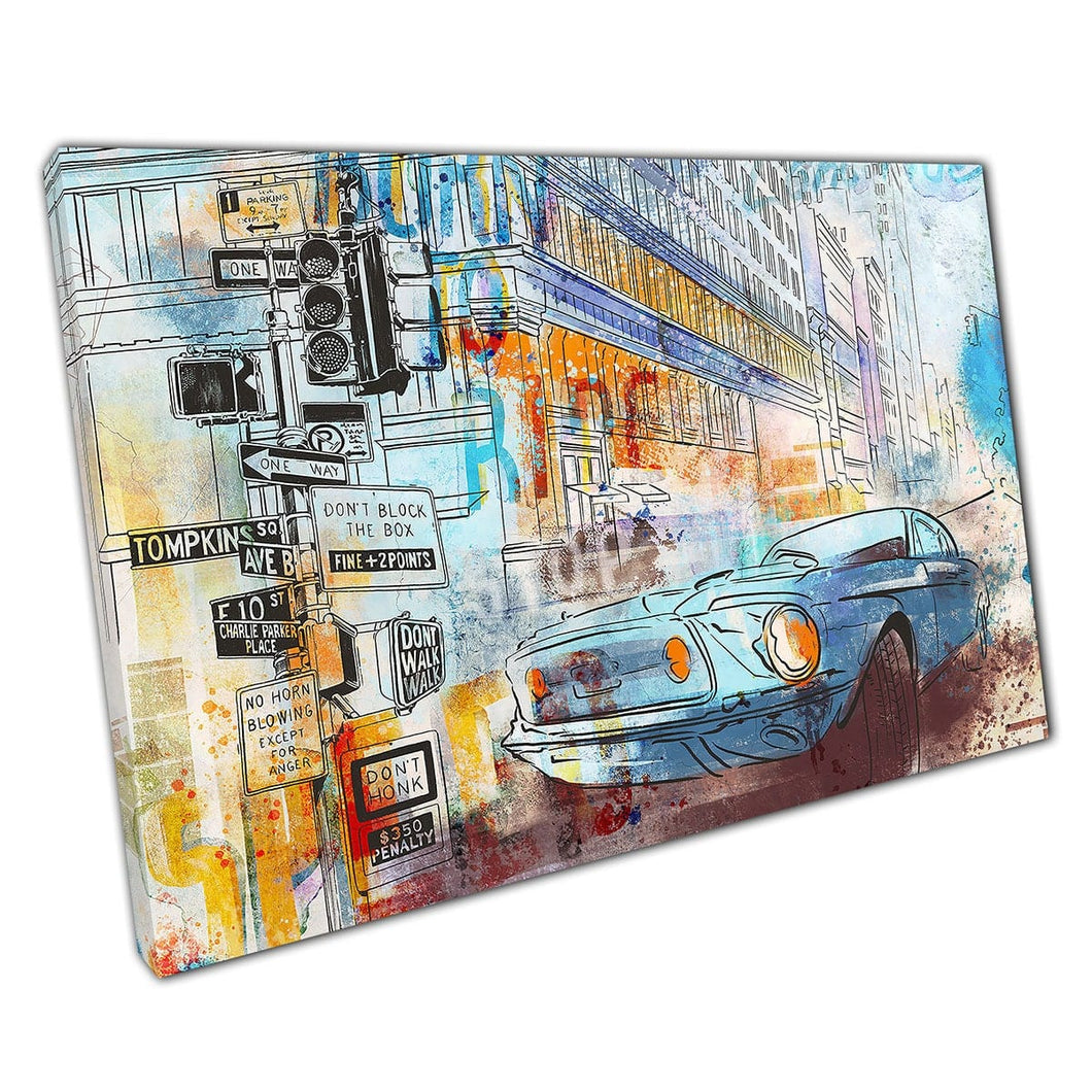 Urban City en Car Mixed Media Layed Style Modern Painting Wall Art Print op canvas gemonteerde canvas print