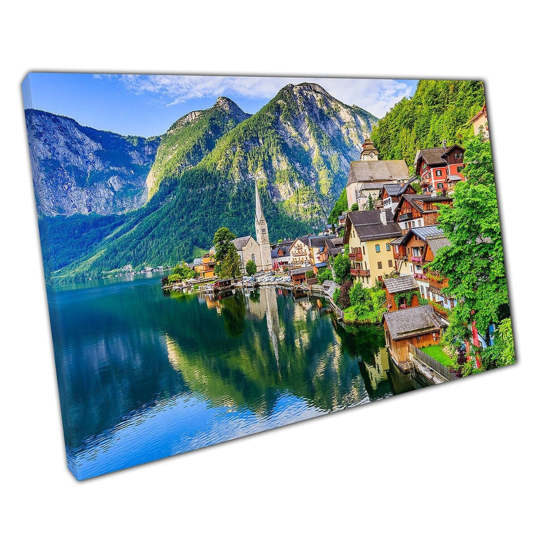 Mountain Village Sunrise Oostenrijkse Alpen Hallstatt Oostenrijk Wall Art Print op canvas gemonteerde canvas print