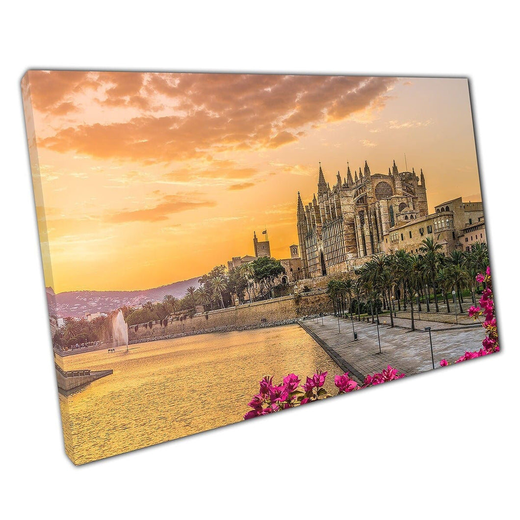 Beautiful Landmark Cathedral La Seu At Sunset In Palma De Mallorca Islands Spain Wall Art Print On Canvas Mounted Canvas print