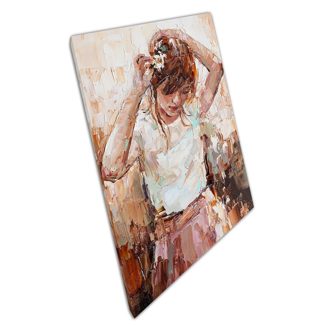 Jong meisje zet zorgvuldig bloemen in haarpaletmesolieolie -schilderijtechniek Wall Art Print op canvas gemonteerde canvas print