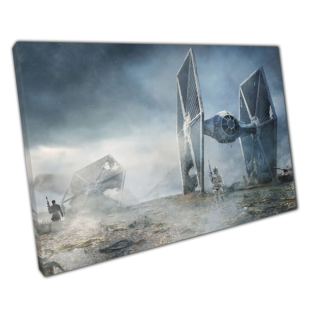 Futuristische soldaten staan ​​bewapend aan de kant van de Fantasie Artwork Wall Art Print op de ruimtevaartuigen op canvas gemonteerde canvas print