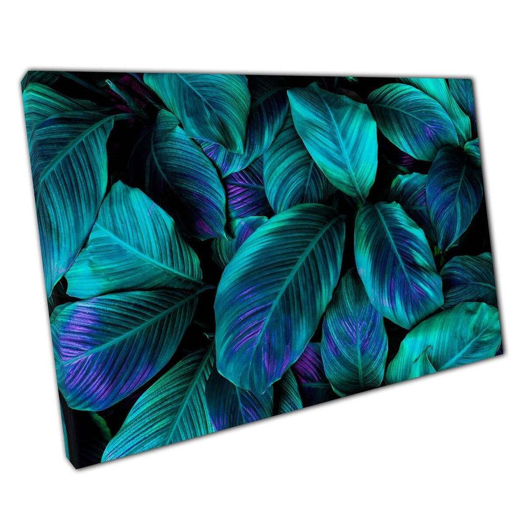 Levendige felgroene en rijke blauw paarse exotische jungle bladeren abstracte moderne muurkunst print op canvas gemonteerde canvas print