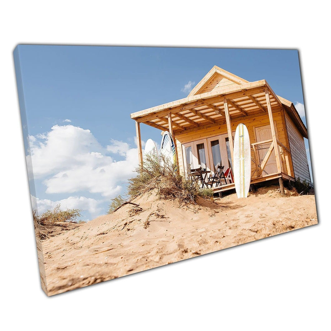 Beautiful Beach Holiday House On Golden Sand And Grassy Dunes Surfer Hippie Lifestyle Wall Art Print On Canvas Mounted Canvas print