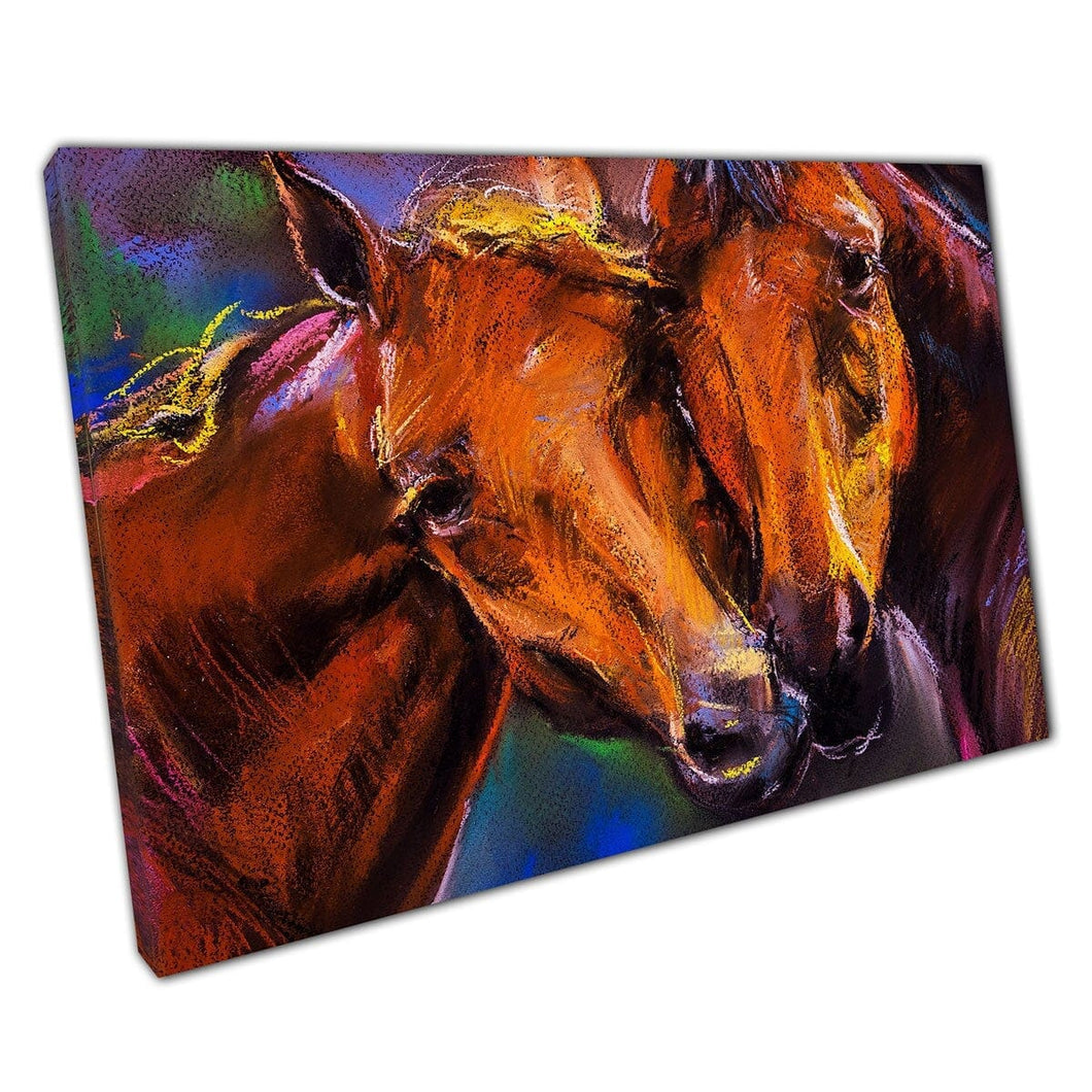 Pastel portret van twee bruine paarden kunst canvas muur kunst print op canvas gemonteerde canvas print