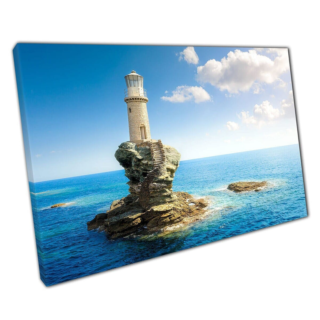 Prachtig rustig zeegezicht met vuurtoren toerlitis van Chora Andros Island Griekenland Wall Art Print op canvas gemonteerde canvas print