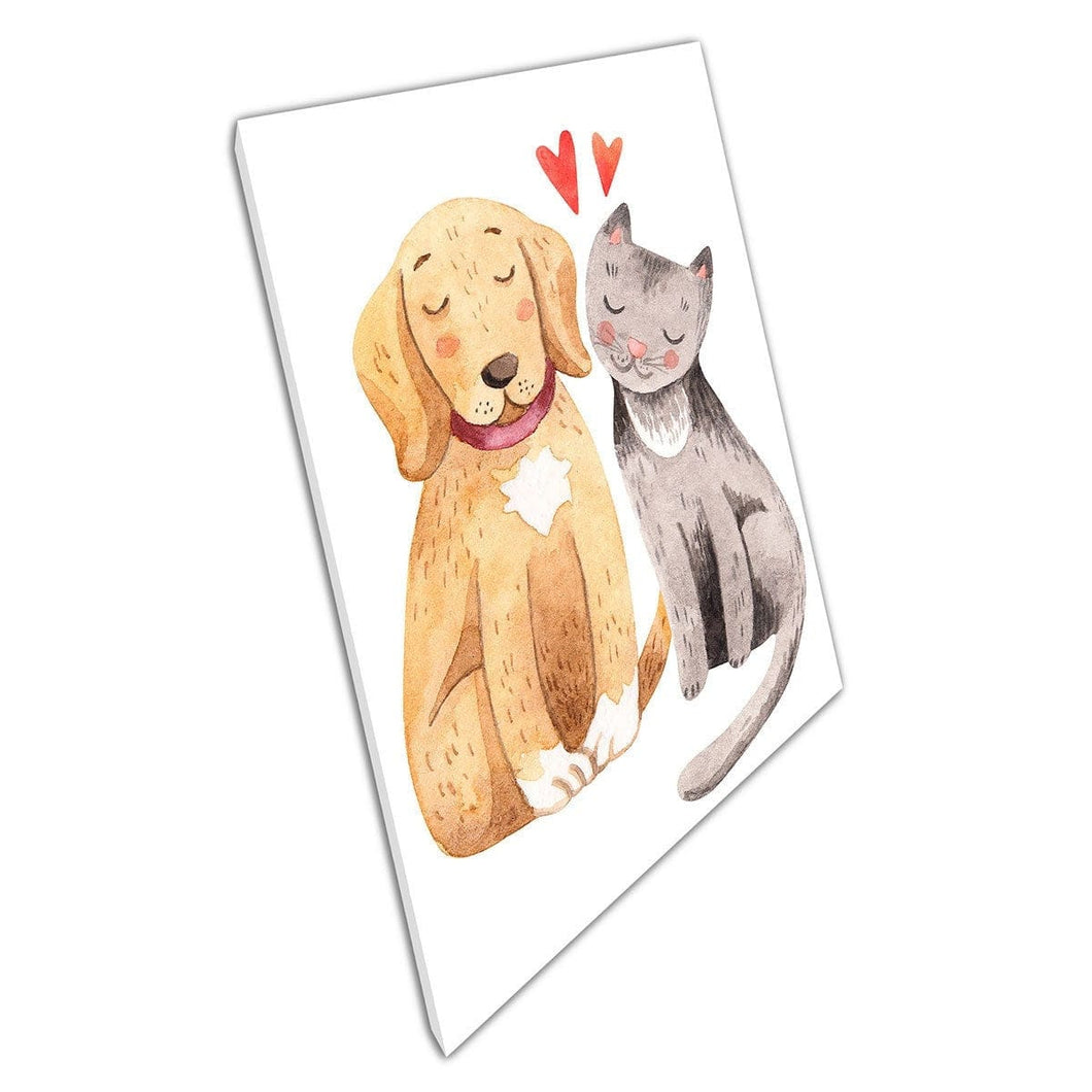 Schattige cartoonhond en kat huisdier beste vrienden waterverf illustratie muur kunst print op canvas gemonteerde canvas print