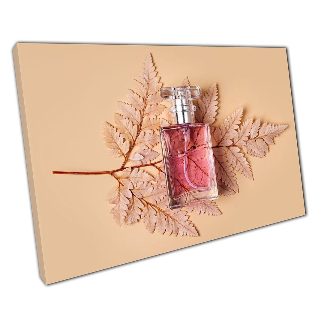 Beautiful Feminine Pink Perfume Bottle On Autumnal Leaf Luxury Cosmetic Conceptual Wall Art Print On Canvas Mounted Canvas print