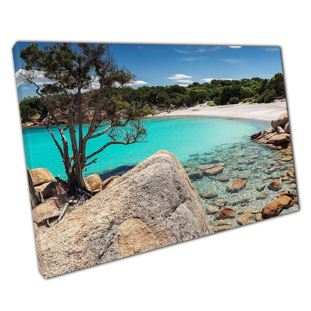 Stunning Clear Blue Emerald Sea At The Soft Sandy Beach Of Capriccioli Sardinia Wall Art Print On Canvas Mounted Canvas print