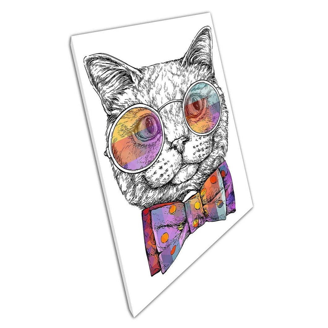 Eigenzinnige coole kat in kleurrijke bowtie en zonnebril Animal Sketch Illustratie Wall Art Print op canvas gemonteerde canvas print